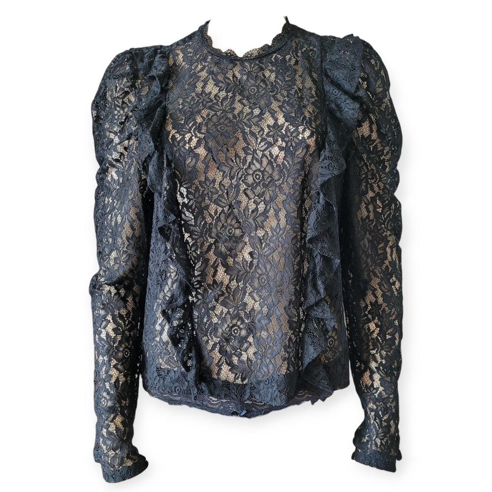 H&M Black Ruffled Trim Long Sleeve Lace Blouse Size Large Romantic